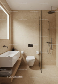 Modern Beige Tile Bathroom with Walk-In Shower and Floating Vanity