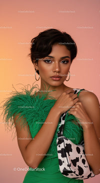 Elegant Woman in Green Feathered Dress Holding Cow Print Bag Studio Portrait