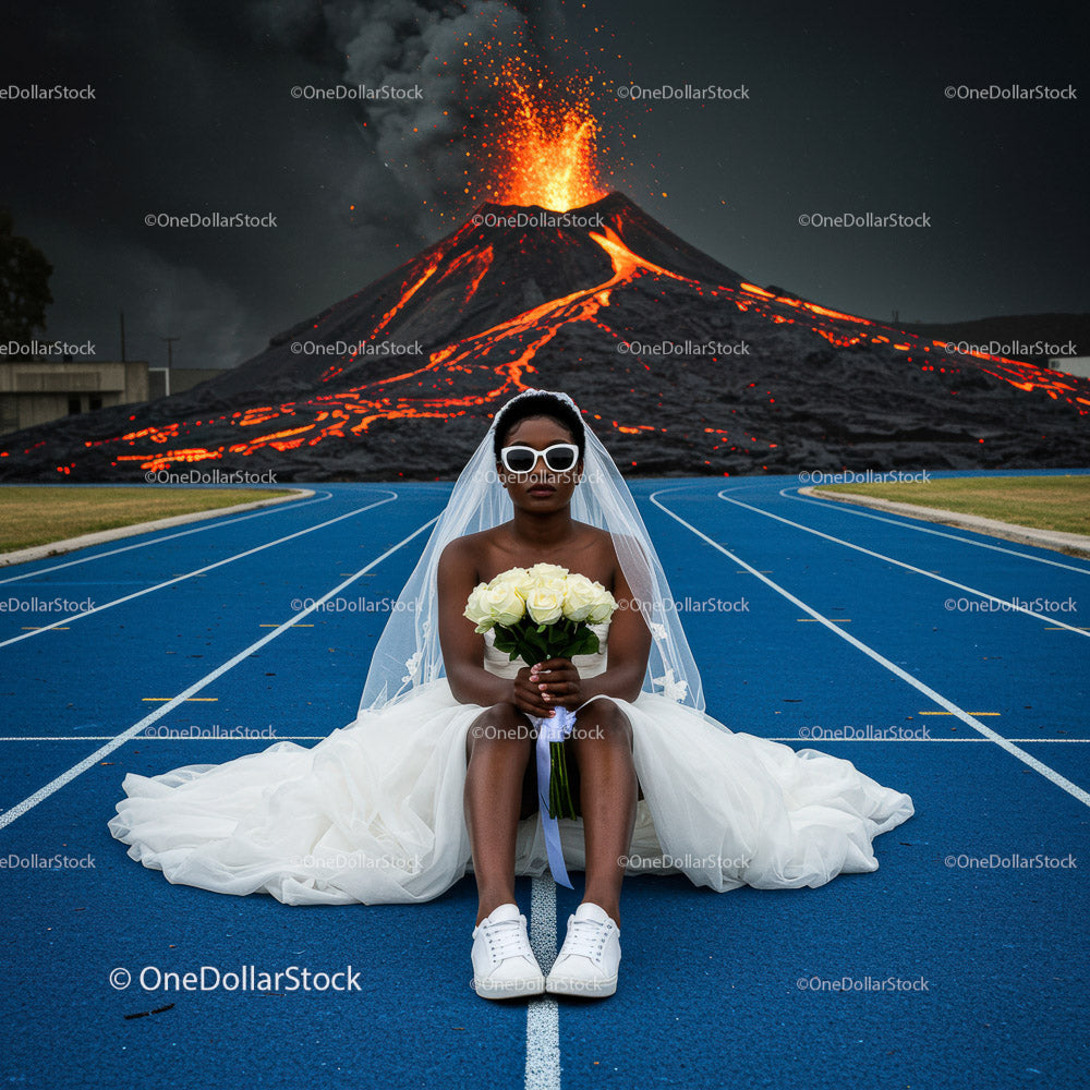 Bride in Wedding Dress Amidst Erupting Volcano