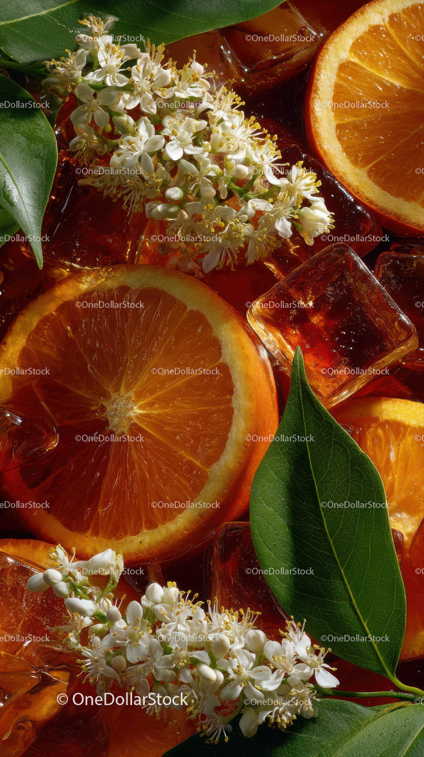 Fresh Orange Slices with Ice Cubes in Cool Summer Refreshing Drink