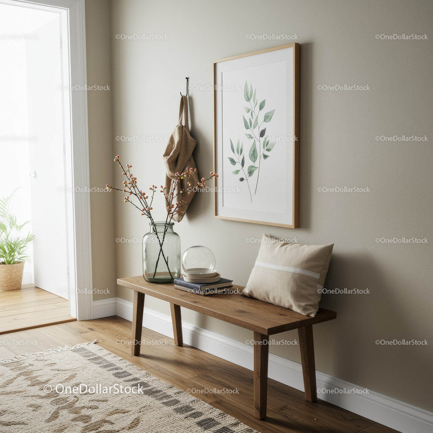 Eleganckie skandynawskie wejście z botaniczną grafiką ścienną i drewnianą ławką
