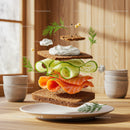 Floating smoked salmon and cucumber sandwich layers