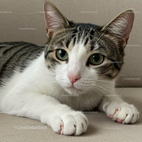 Close up of curious tabby cat relaxing indoors