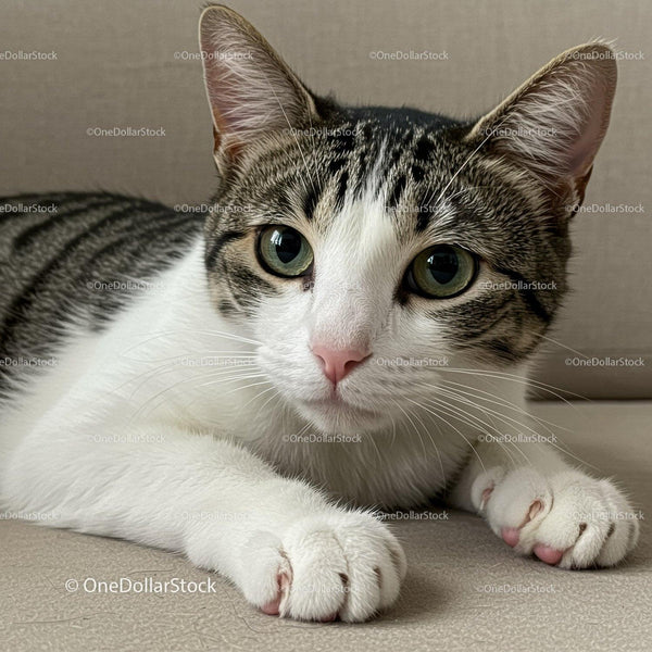 Close up of curious tabby cat relaxing indoors