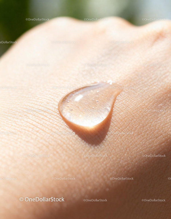 Close up of clear skincare serum on hand skin