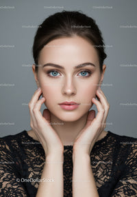 Portrait of a Young Woman with Blue Eyes and Flawless Skin