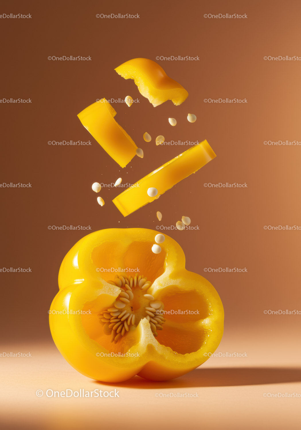 Floating slices of vibrant yellow bell pepper with seeds