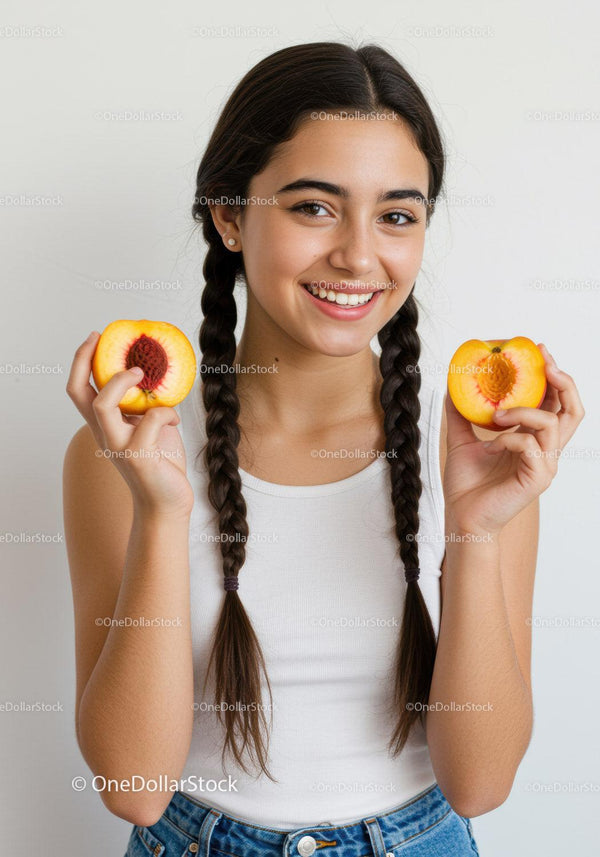 Young Girl Holding Fresh Peach Halves with Bright Summer Smile
