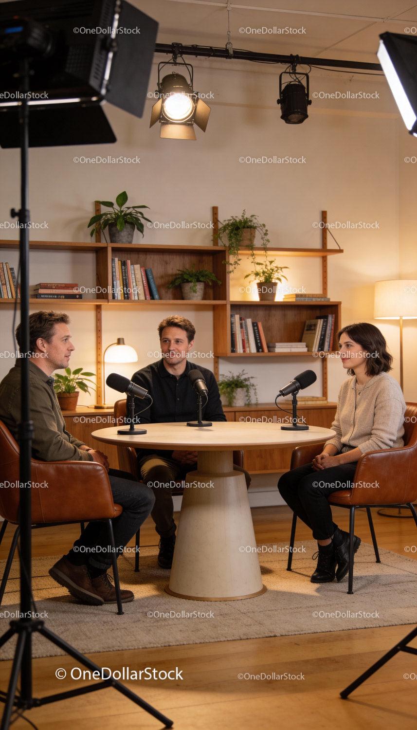 Podcast hosts engaged in relaxed studio conversation
