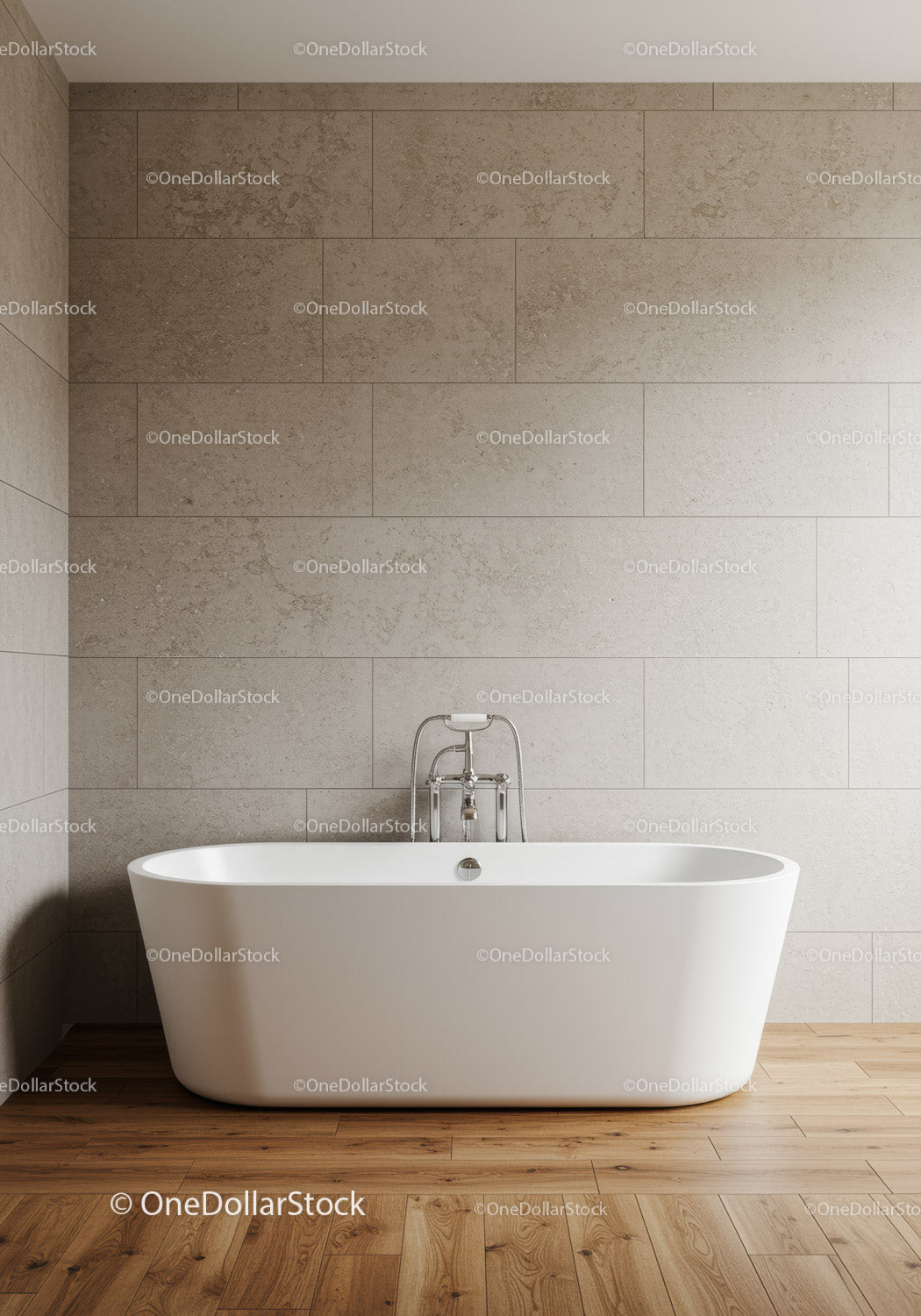 Elegant White Freestanding Bathtub in Modern Bathroom with Wooden Floor