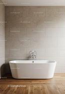 Elegant White Freestanding Bathtub in Modern Bathroom with Wooden Floor
