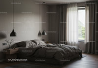 Modern Bedroom with Gray Bedding and Beige Pillows in Natural Light