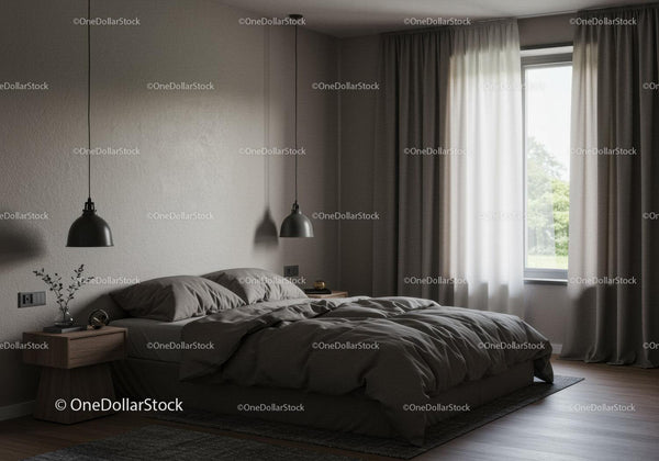 Modern Bedroom with Gray Bedding and Beige Pillows in Natural Light