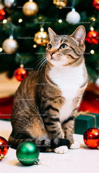 Curious Tabby Cat Sitting by Festive Christmas Tree