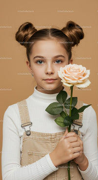 Young Girl with Pale Peach Rose Portrait on Soft Beige Background