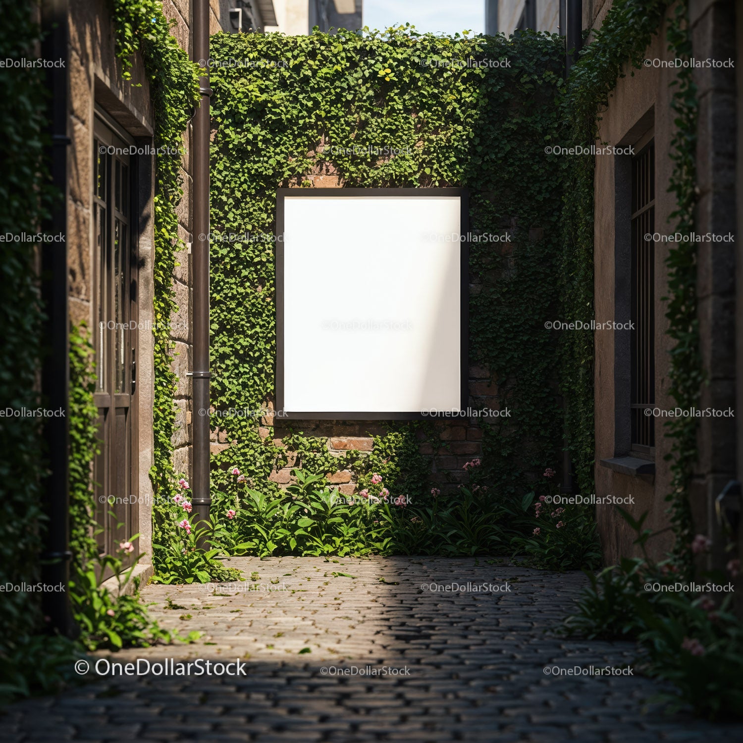 Blank billboard surrounded by ivy in narrow cobblestone alley