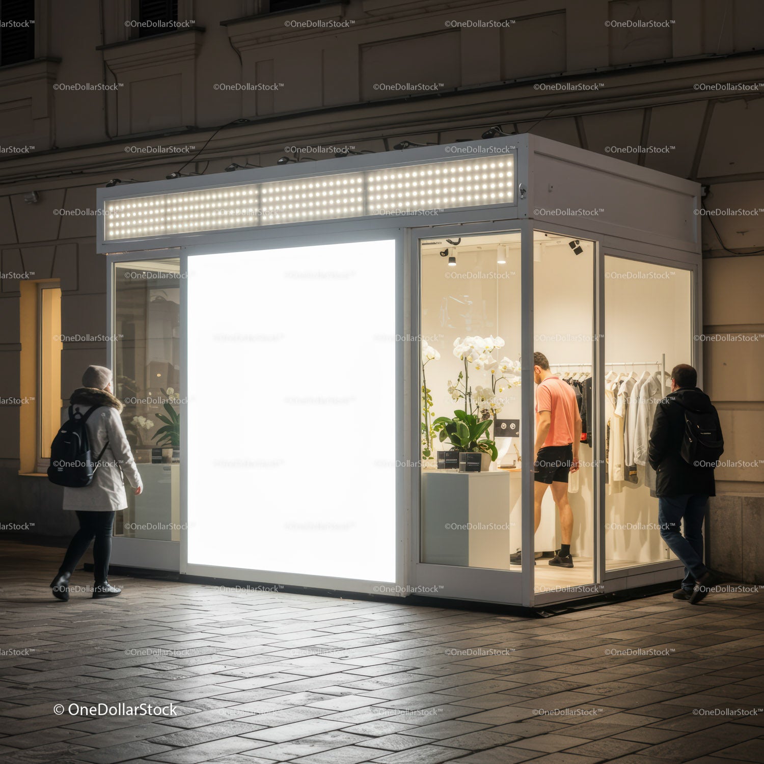 Evening urban scene with illuminated modern boutique