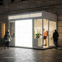 Evening urban scene with illuminated modern boutique