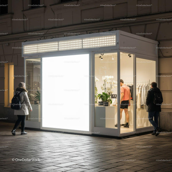 Evening urban scene with illuminated modern boutique JPG Mockup Image