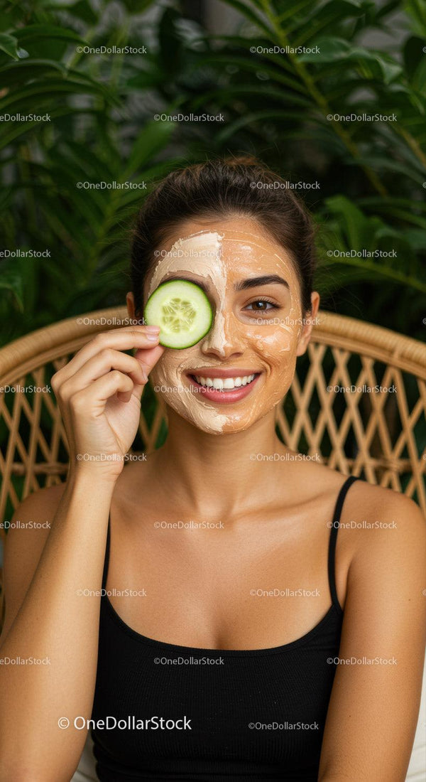 Smiling Woman with Cucumber Slice and Facial Mask in Wellness Setting