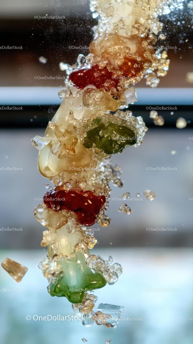 Colorful Gummy Bears Splashing into Water with Vibrant Colors