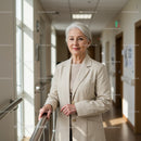 Elegant Senior Woman in Healthcare Facility Wearing Beige Blazer
