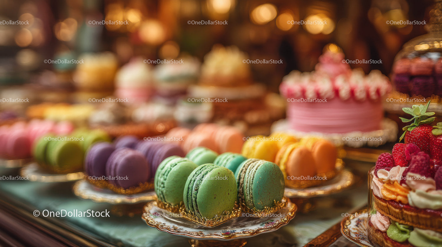 Assorted Colorful Macarons and Pastries on Elegant Dessert Display