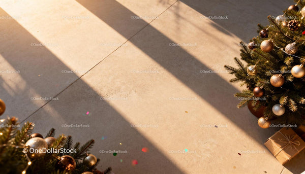 Festive Christmas Trees with Golden Ornaments and Gifts