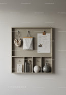Minimalist Wooden Wall Shelf with Decorative Glass Bottles and Pouch