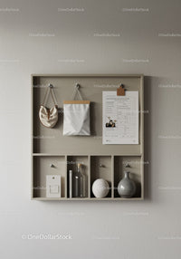 Minimalist Wooden Wall Shelf with Decorative Glass Bottles and Pouch