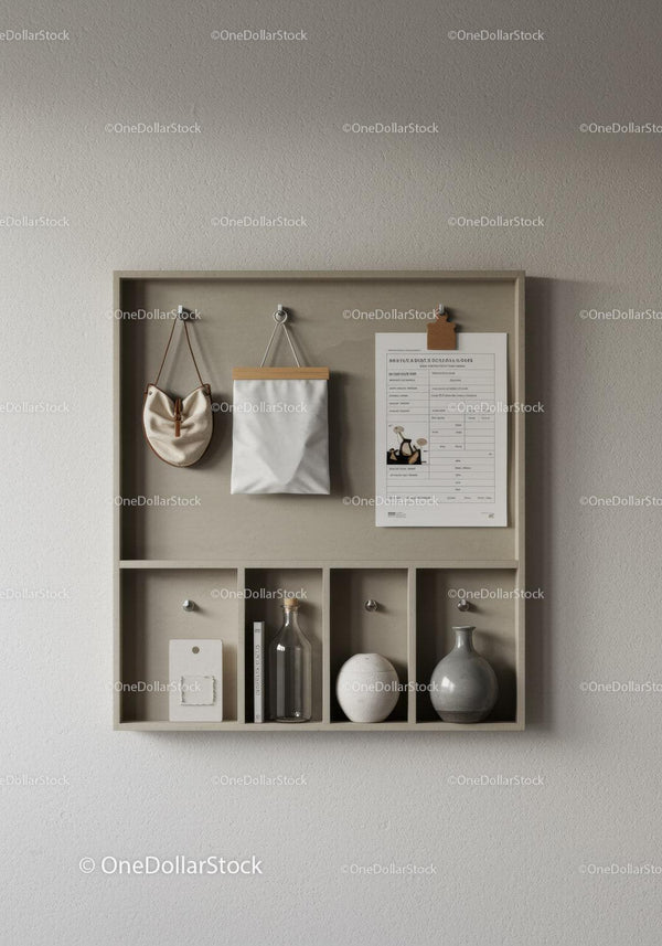 Minimalist Wooden Wall Shelf with Decorative Glass Bottles and Pouch