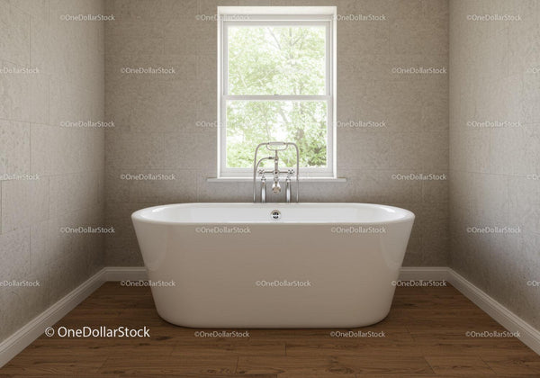 Modern Bathroom With White Freestanding Bathtub And Large Window