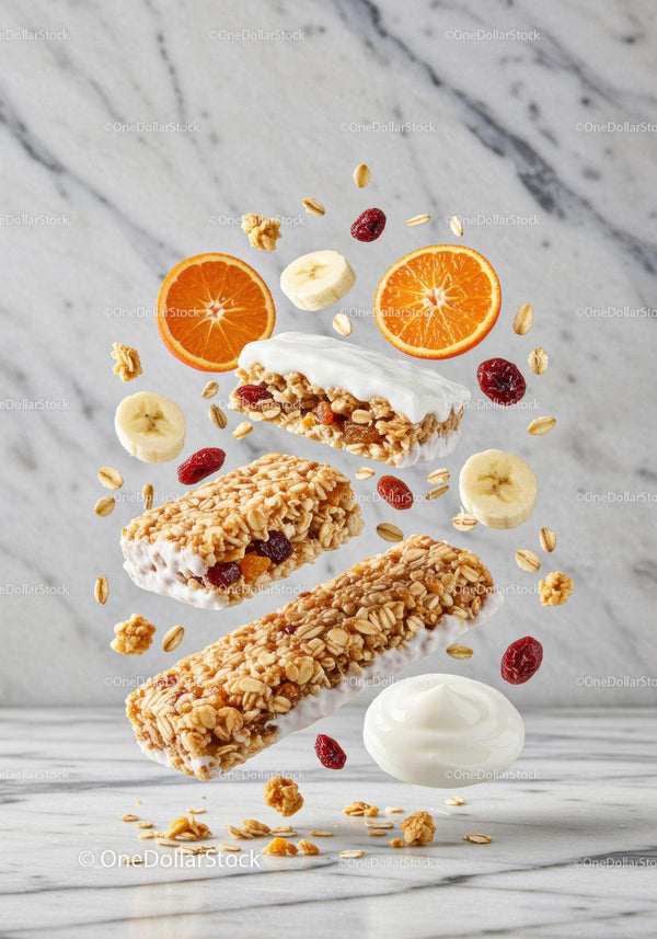 Healthy granola bars with yogurt and fresh fruit slices