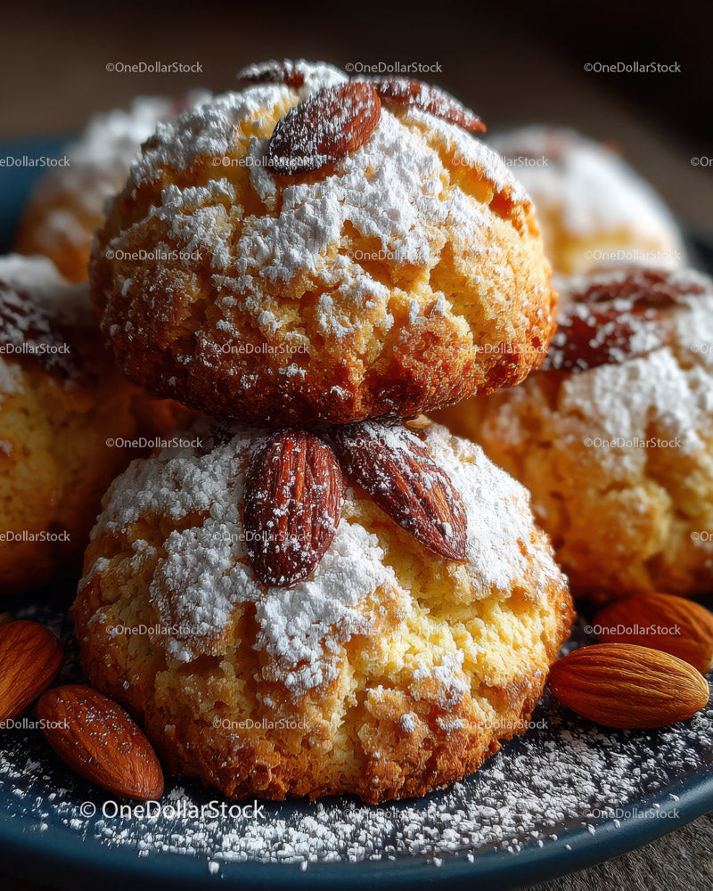 Golden Almond Cookies with Powdered Sugar On Rustic Plate