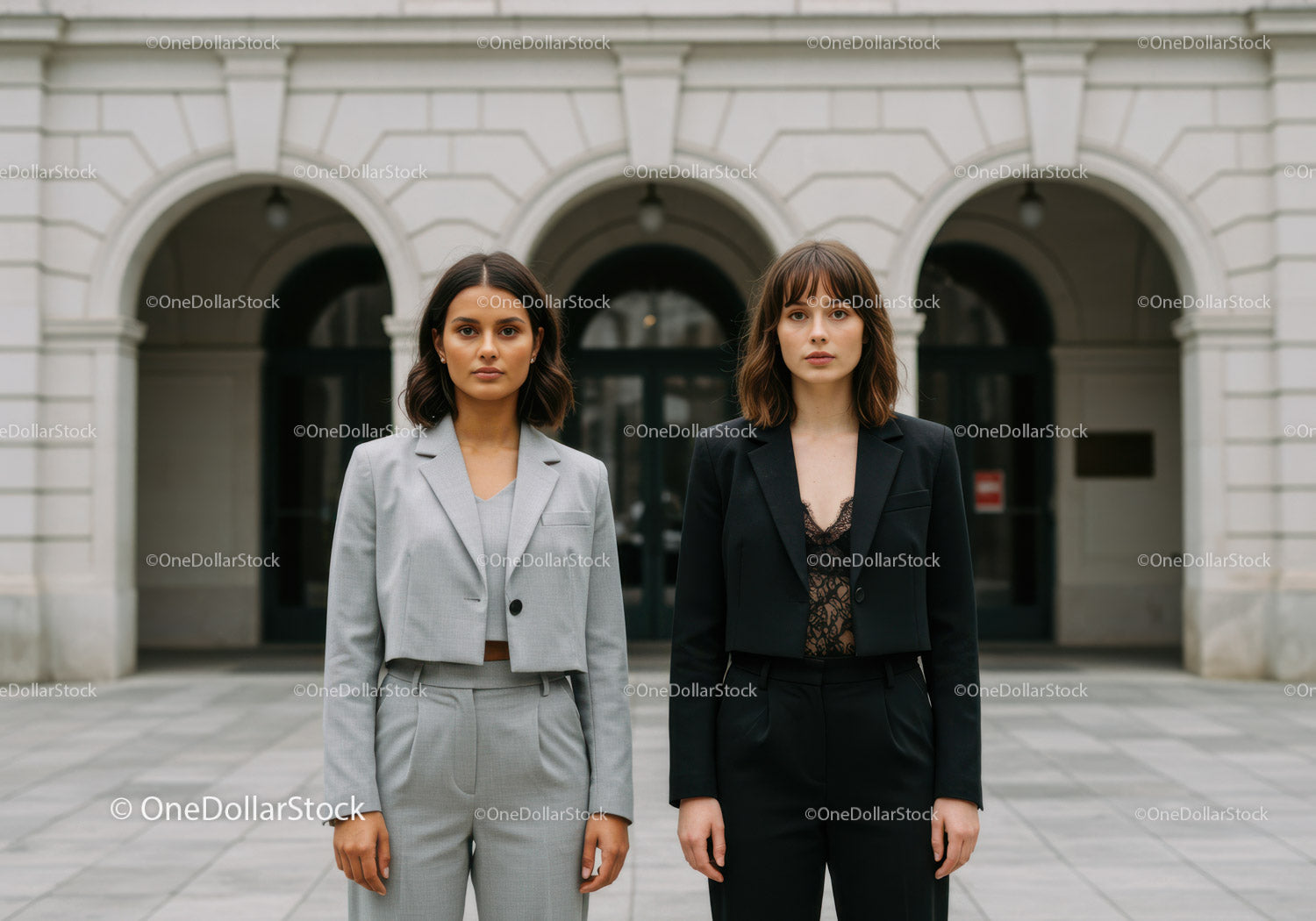 Modne bizneswoman w eleganckich garniturach stoją na ulicy miejskiej