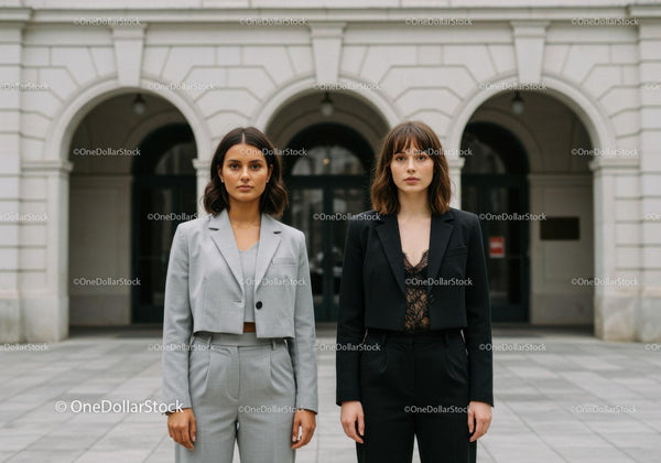 Fashionable Businesswomen in Elegant Suits Stand in City Street