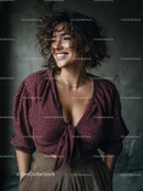 Smiling Woman with Curly Hair in Burgundy Polka Dot Blouse and Casual Style