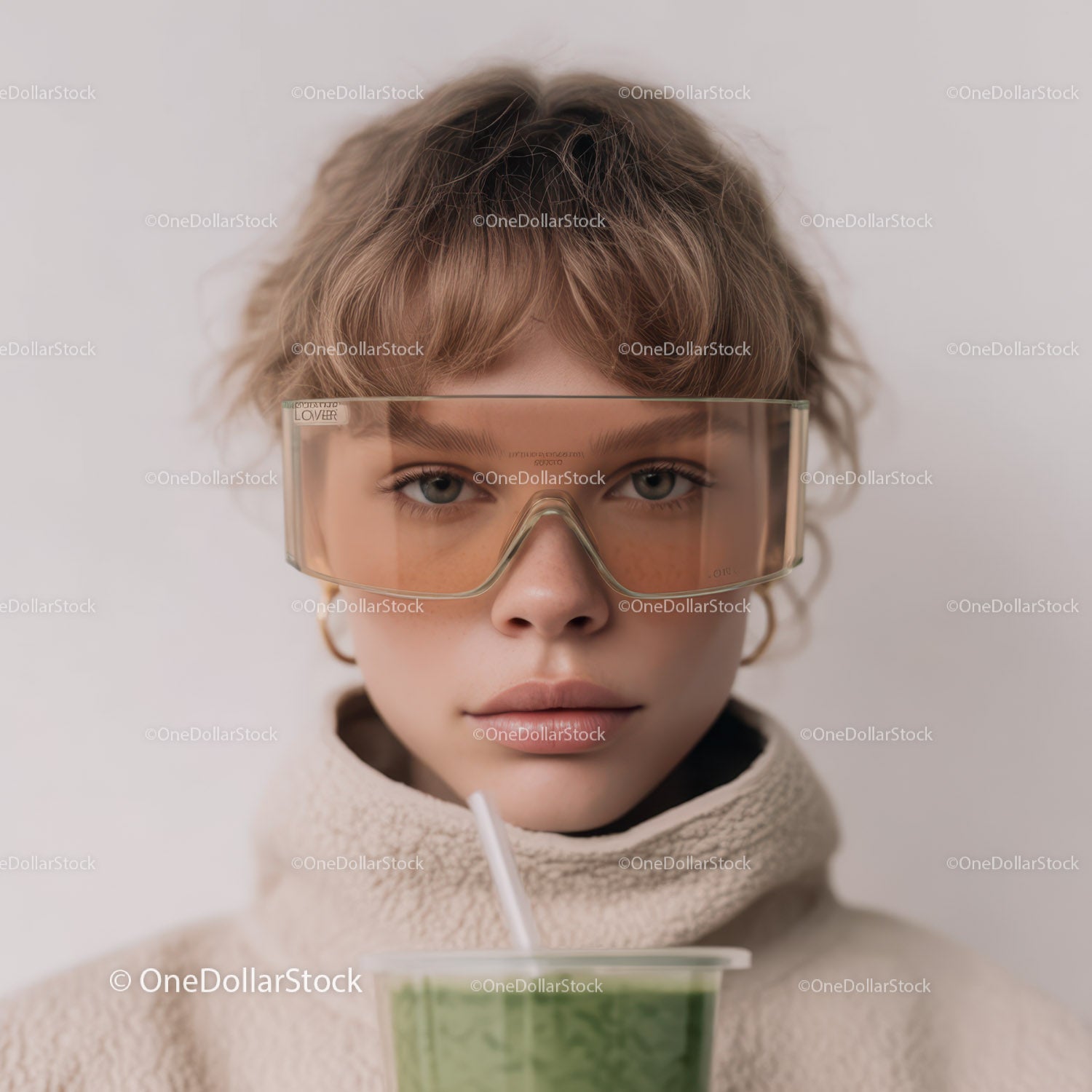 Young Woman Wearing Safety Goggles Drinking Juice in Casual Style
