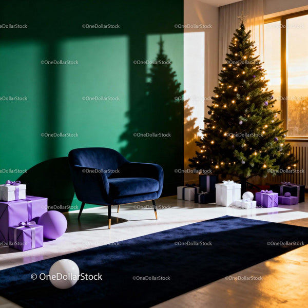 Przytulny salon z udekorowaną choinką i prezentami