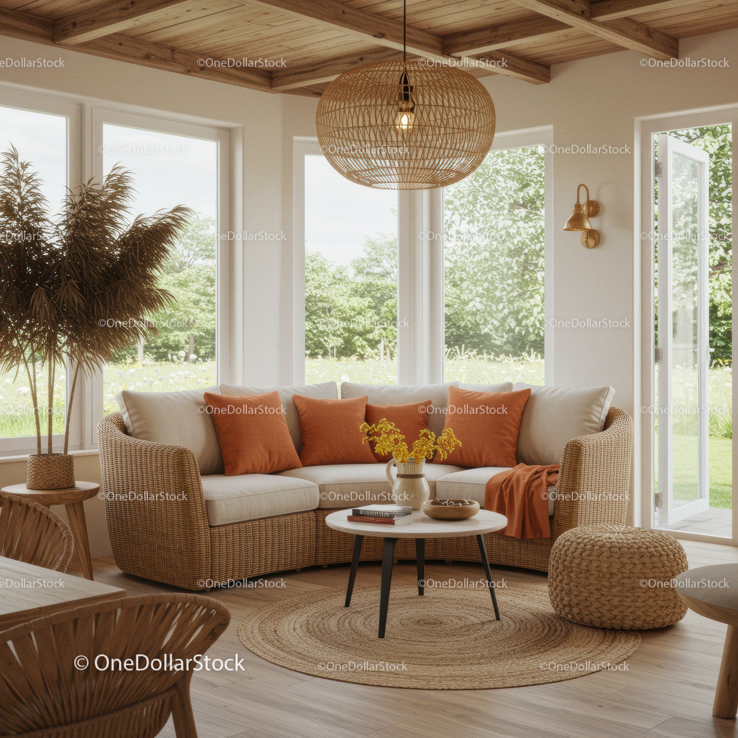 Cozy modern living room with natural wicker furniture