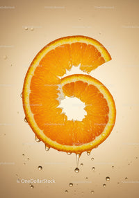 Juicy orange slice shaped like number six with droplets