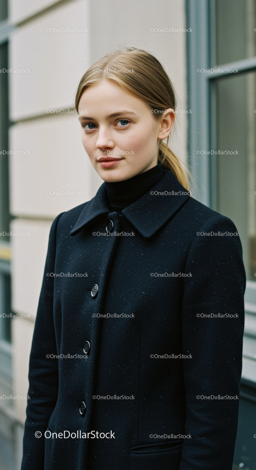 Young Woman in Stylish Coat Outdoors in Urban Setting