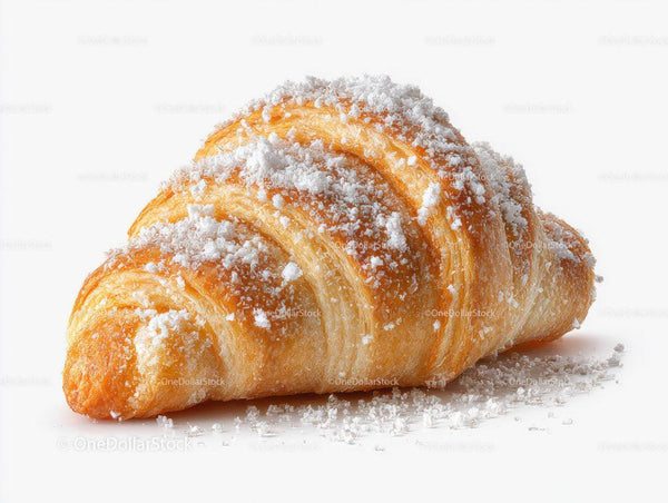 Crunchy Croissant with Powdered Sugar on White Background