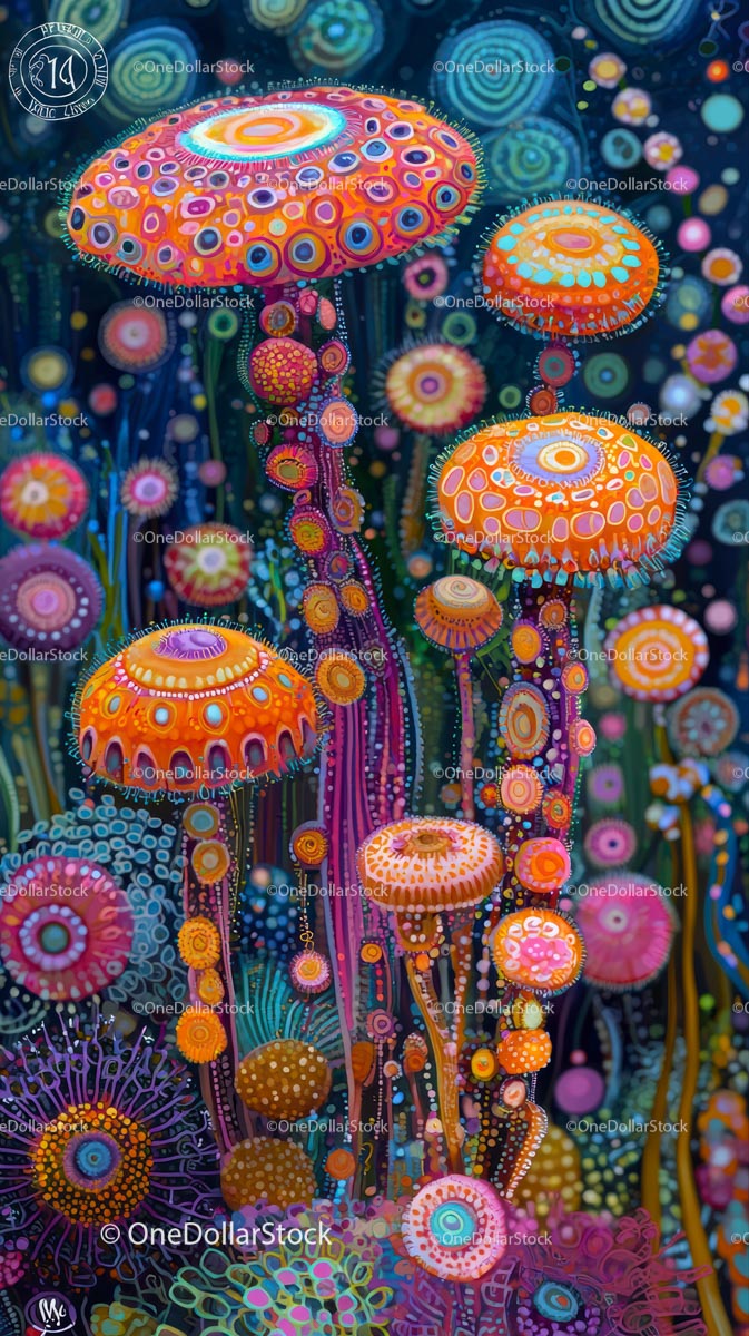 Colorful Psychedelic Mushrooms in a Vibrant Fantasy Forest