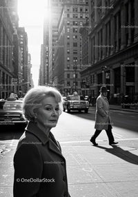 Elderly Woman in Busy City Street Surrounded by Vintage Cars