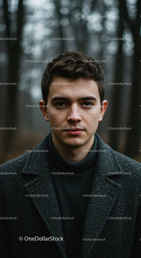 Young man in dark coat standing in misty forest