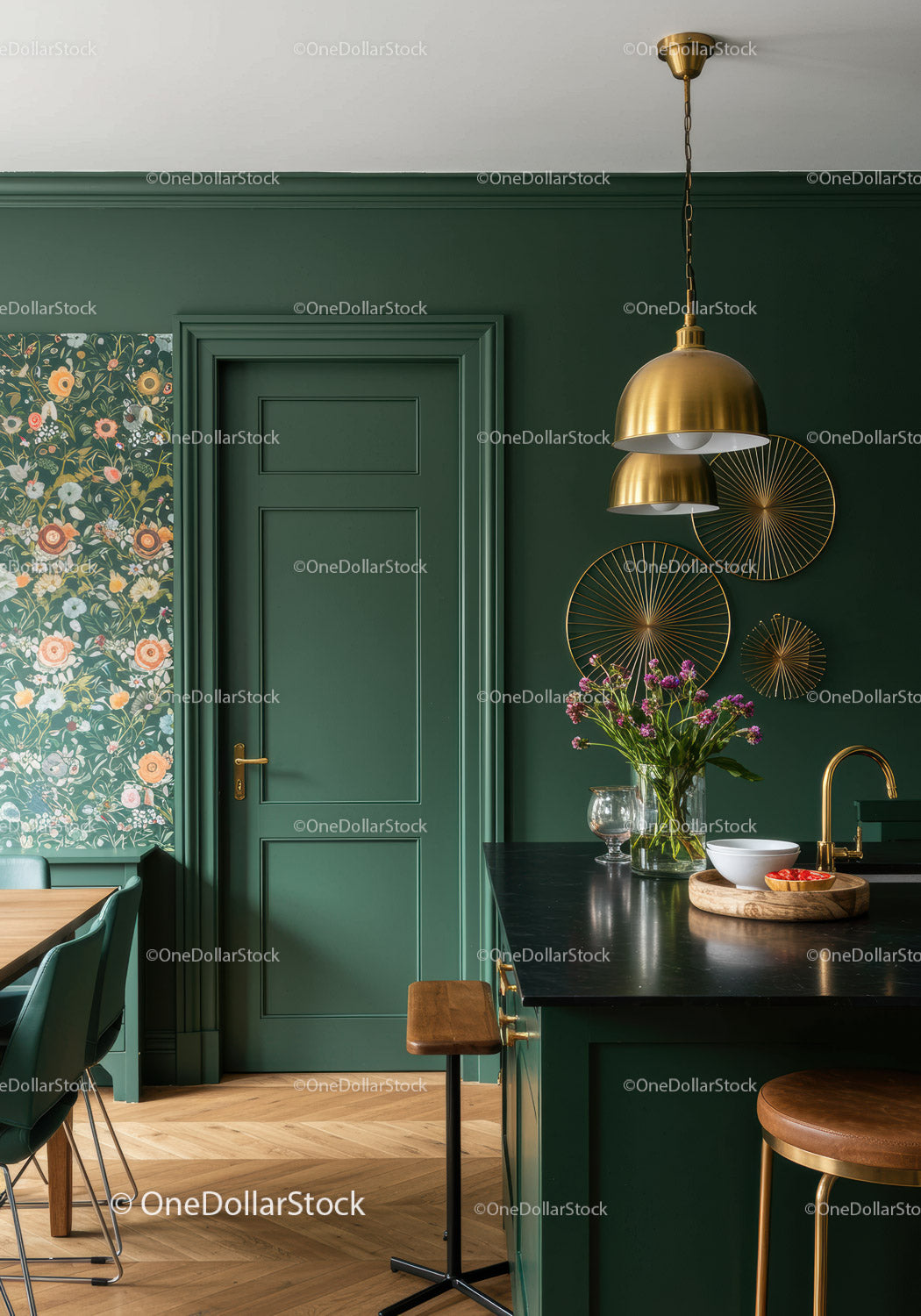 Stylish Green Kitchen with Gold Pendant Lights and Floral Decor