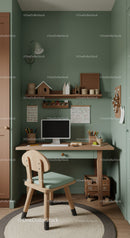 Cozy Kids Study Corner with Wooden Desk and Green Walls
