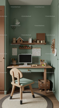 Cozy Kids Study Corner with Wooden Desk and Green Walls