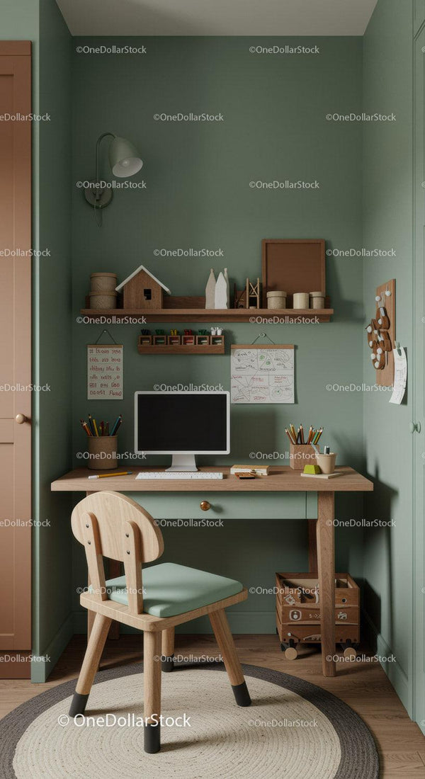 Cozy Kids Study Corner with Wooden Desk and Green Walls